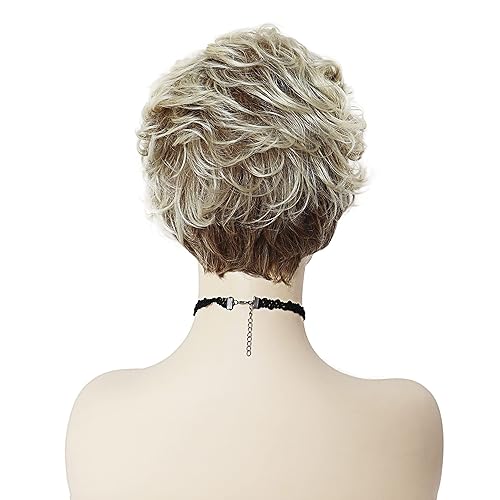 Miniatura 6 de GNIMEGIL Peluca de cabello rubio corto, rizado, peluca natural de mamá con flequillo para mujer, resistente al calor, peluca sintética para cosplay,