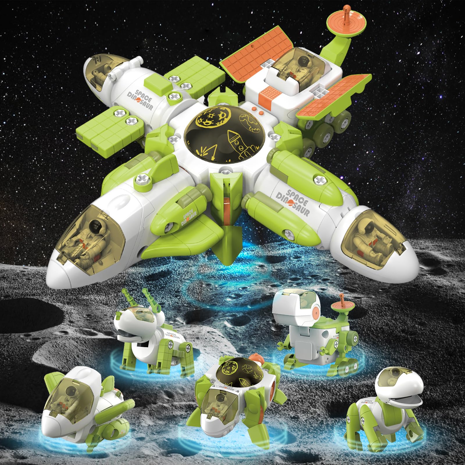 5-in-1 Space Dinosaur Transforming Toy Set - Space Station take-apart Transforms into 5 Dinosaurs toy or 5 Spaceships toy for Boys,Girls 3,4,5,6,7,8,9 year old for Birthdays and Christmas