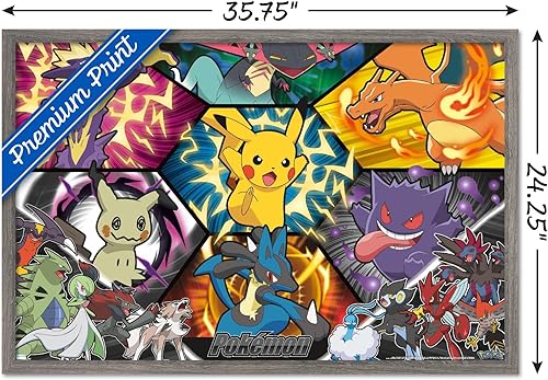 Vista 30 de Trends International Pokémon: Battle Art - Póster de pared grupal, 34 pulgadas de largo x 22.4 pulgadas, versión enmarcada en plata Versión