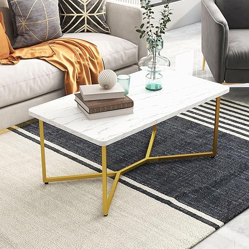 Miniatura 8 de Giantex Mesa auxiliar de mármol blanco, mesa central rectangular de 42 pulgadas de largo con estampado de mármol sintético y marco de metal con