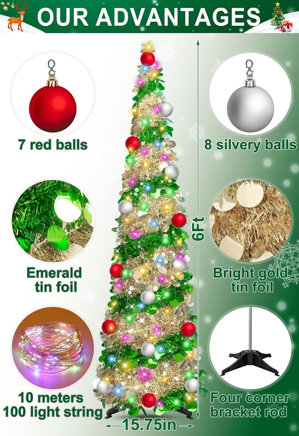 6ft Pencil Christmas Tree - Artificial Collapsible With Timer 100 Lights 15 Balls, Tinsel Decorations for Home Bedroom Fireplace (Pink White)