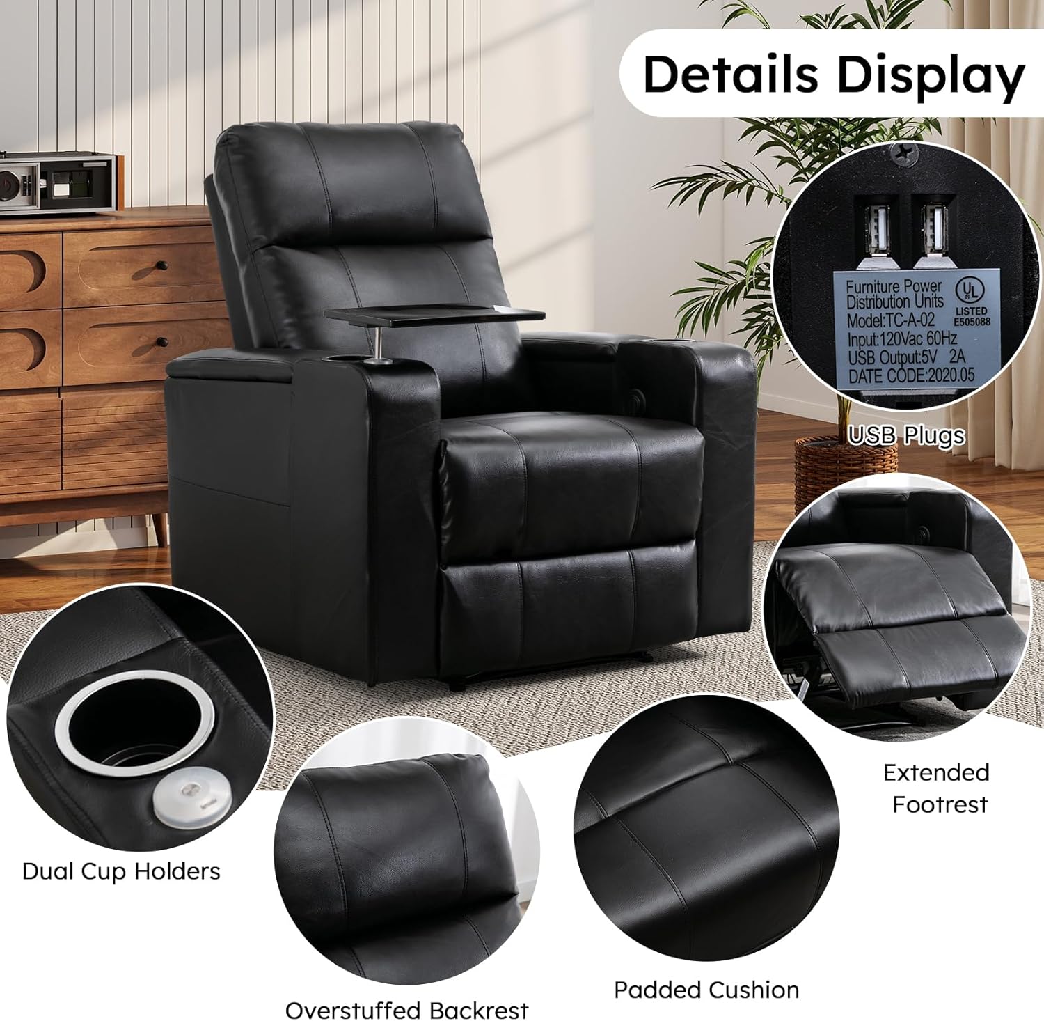 ANJ Home Theater Seating Power Recliner with Hidden Arm Storage Set of 4, Faux Leather Recliners with Tray Table, Electric Movie Reclining Chairs with USB Ports & Cup Holders for Media Room, Black