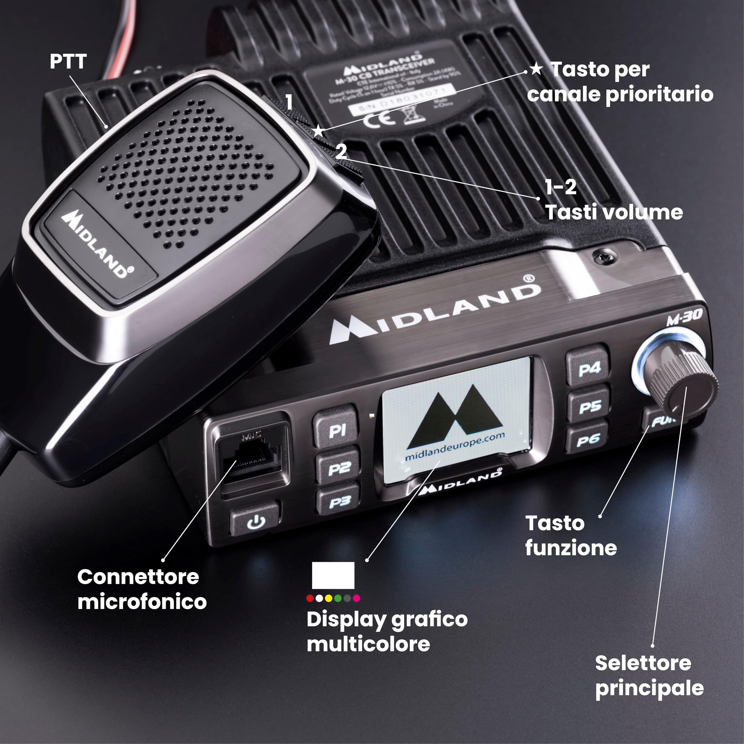 Midland - Radio CB Ricetrasmittente Portatile Senza Licenza M-30, Ricetrasmittenti Professionali Multibanda AM/FM Compatibile 12V/24V, Display TFT a Colori, Squelch Digitale, Noise Blanker, Dual Watch