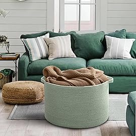 MEGASKET Extra Large Green Basket, 22 X 22 X 14 Woven Cotton Rope Baskets for Blankets, Nursery Wicker Laundry Basket, Kids Toy Storage Bin, Green Living Room Office Decor Baskets for Organizing