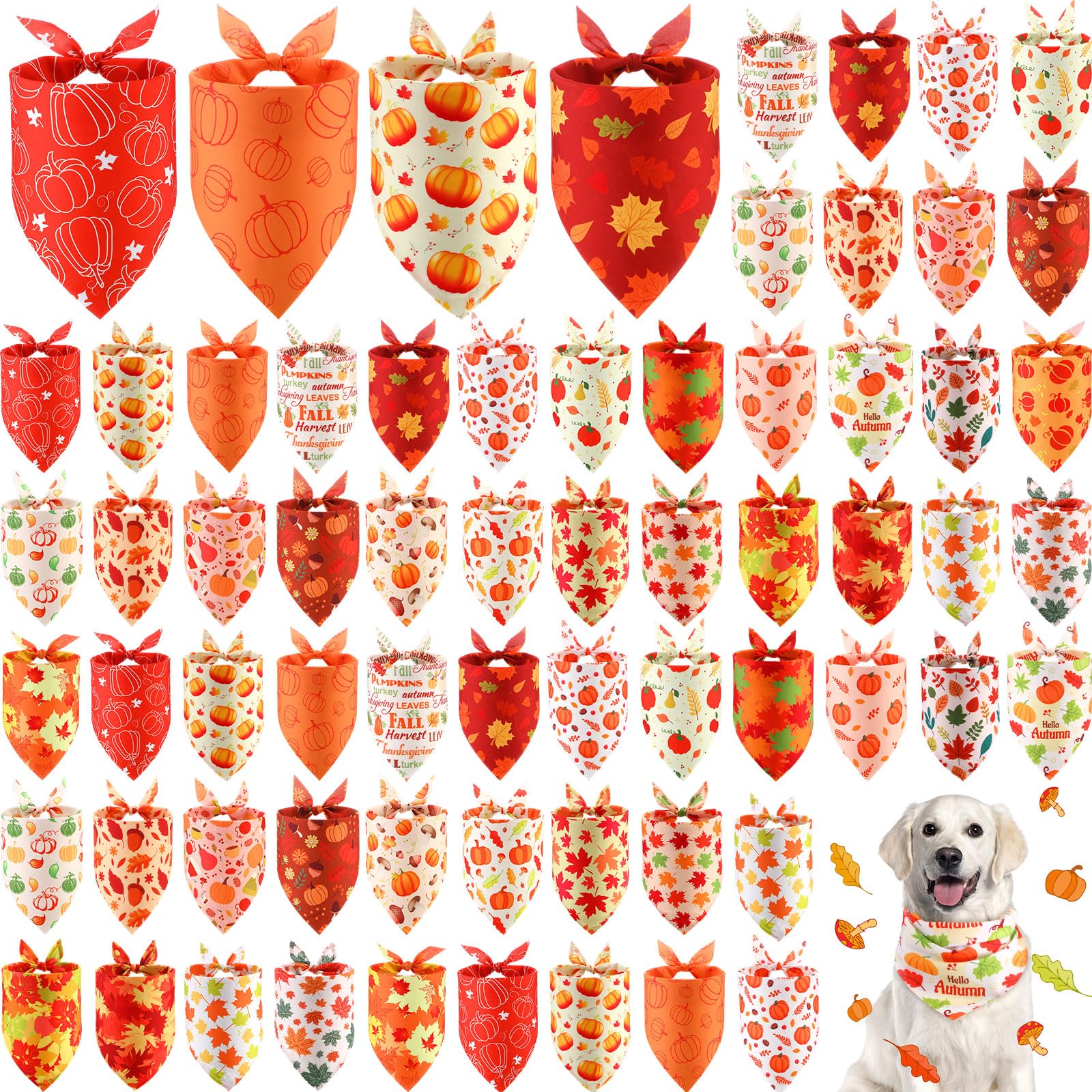 Chunful 60 Pcs Fall Bandanas for Dogs Autumn Maple Leaf Pumpkin Patterns Soft Bibs Adjustable Triangle Doggie Scarf for Small Medium Large Pet Costume(31.5 x 21.7 x 21.7 Inch) — image 1
