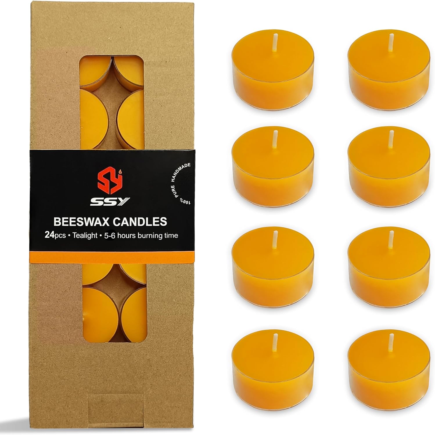 Round Shape Beeswax Tealight Candles, 24 Pack Handmade Natural Beeswax Tea Light Candles Set, Clear Cup Yellow Bees Wax Tealight 6 Hour Burn Time for Home Decor, Shabbat, Wedding, Emergency