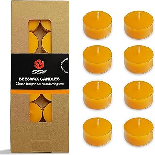 Round Shape Beeswax Tealight Candles, 24 Pack Handmade Natural Beeswax Tea Light Candles Set, Clear Cup Yellow Bees Wax Tealight 6 Hour Burn Time for Home Decor, Shabbat, Wedding, Emergency