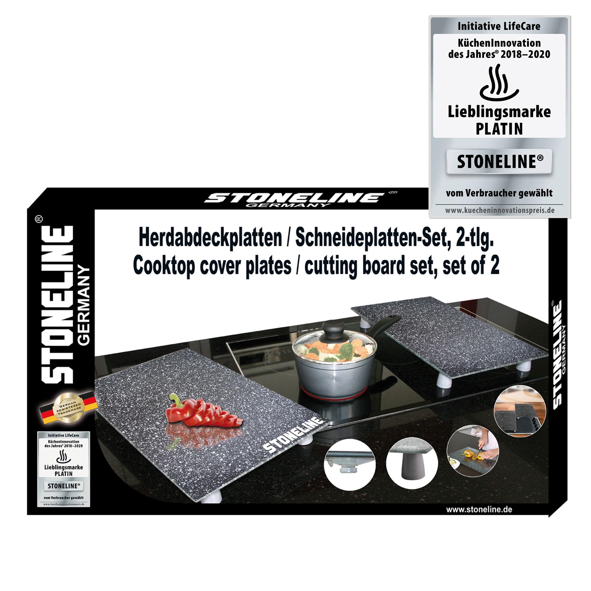 STONELINE® Herdabdeckplatten/Schneideplatten-Set aus schlagfestem und hitzebeständigem Glas, 2-teilig, 52 x 30 x 0,5 cm, mit auswechselbaren Füßen für verschiedene Verwendungsmöglichkeiten, schwarz