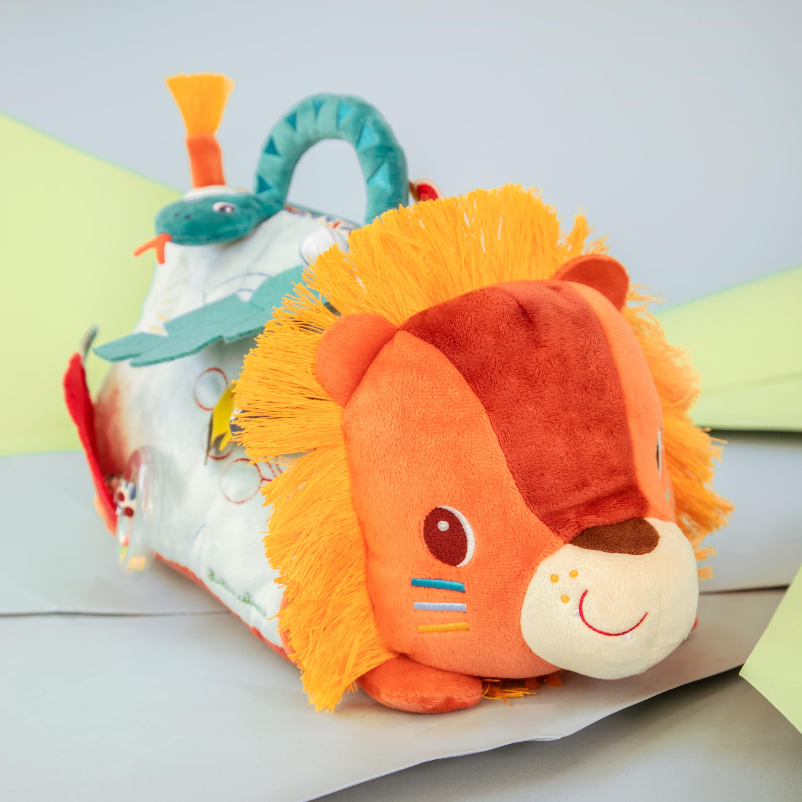 LILLIPUTIENS - Espejo de Actividades para bebés - Cubo Safari de Tela Suave - Triángulo multiactividades - Juguetes para el Desarrollo del bebé - A Partir de 3 Meses - 34cm - 83562