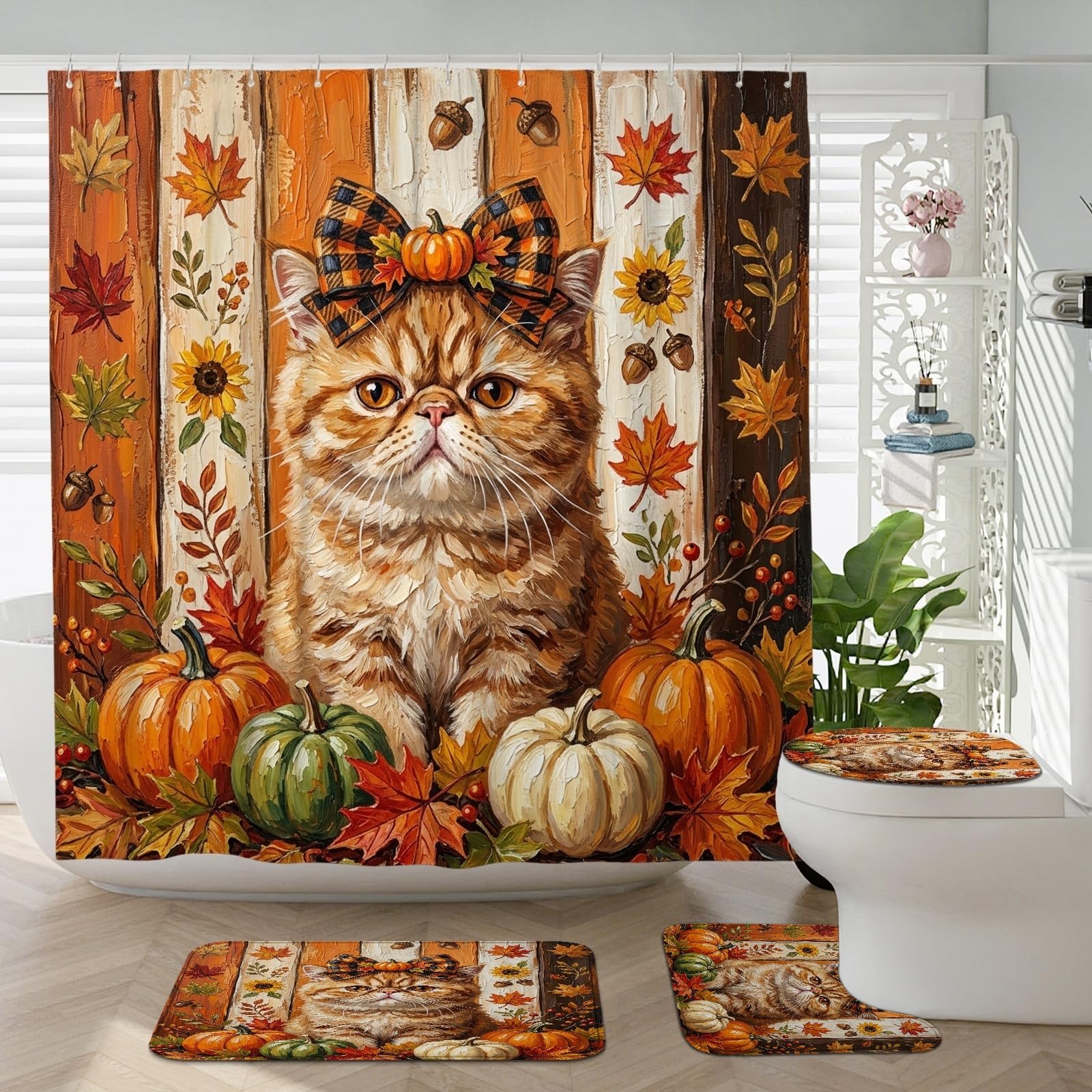 Tapis antidérapant de salle de bain chat exotique à poils courts avec couvre-abattant de WC