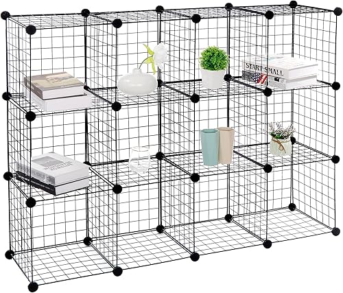 Miniatura 4 de SUPER DEAL Organizador de almacenamiento de cubos de alambre de metal, 12 cubos de gabinete modular para bricolaje, estantería, zapatero apilable de