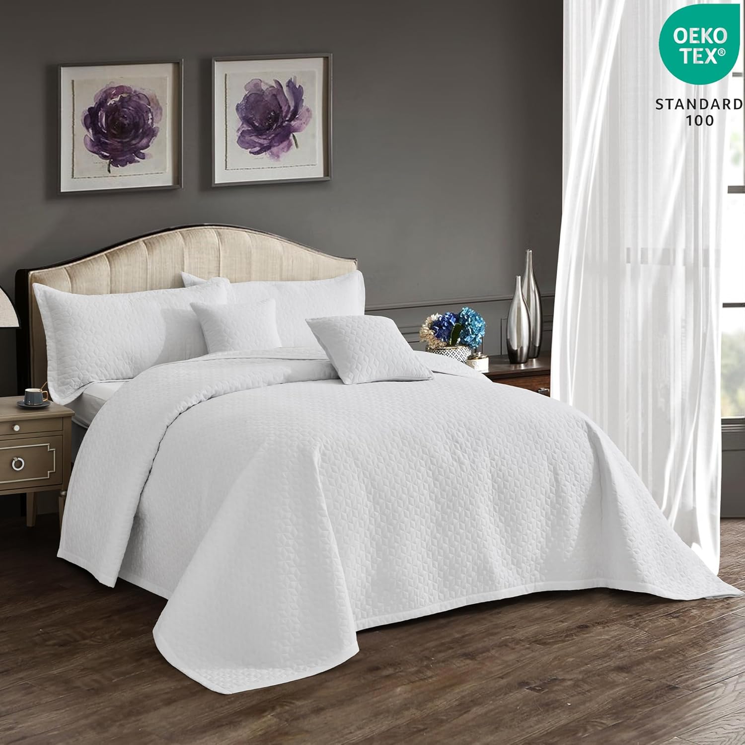 Oversized King Bedspread 128x120 Extra Wide, Modern & Contemporary Look, Lightweight Bedding Cover, Reversible, 5 Piece, 100% Microfiber, Pure White - Image 2