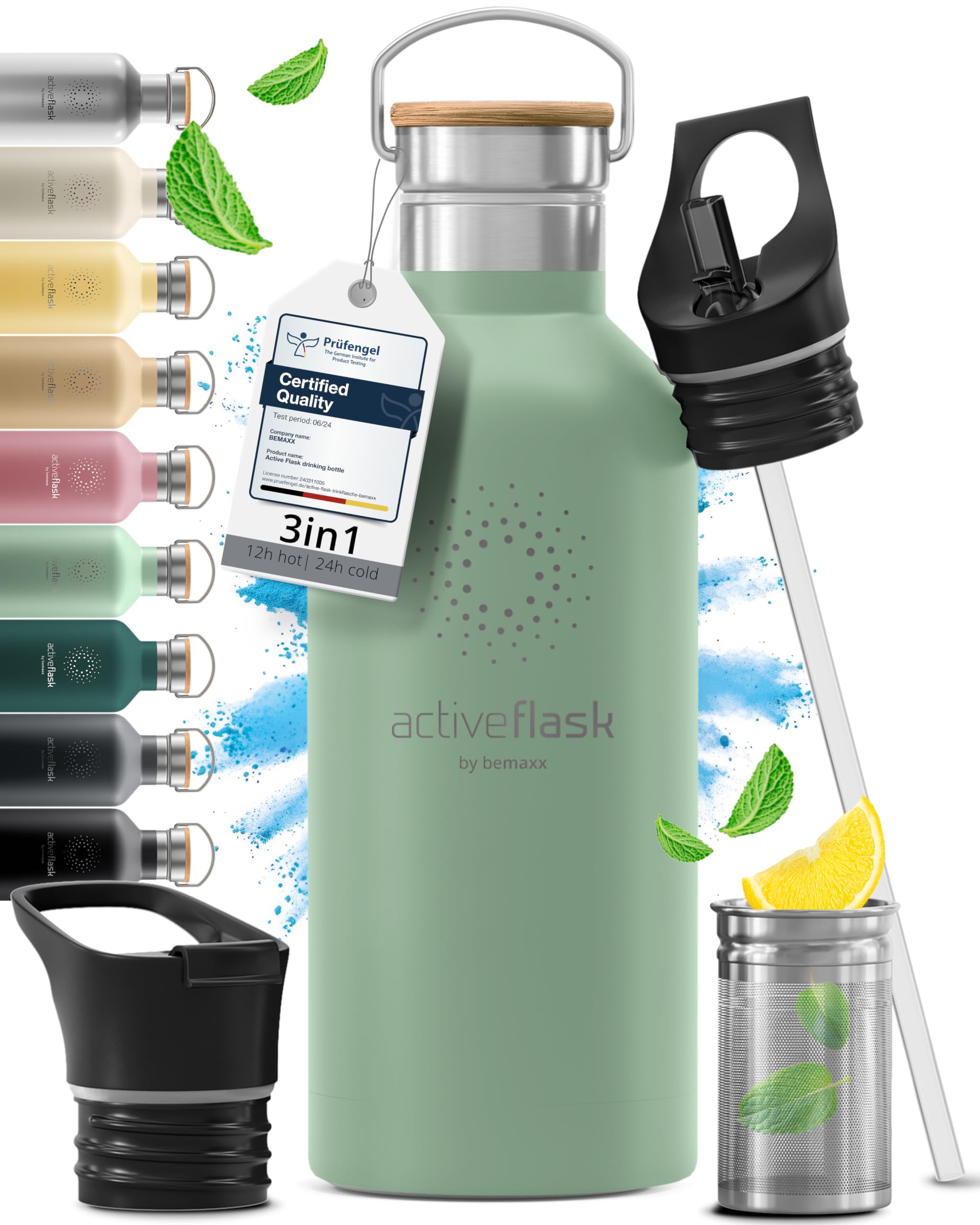 Drinkfles RVS Thermosfles ACTIVE FLASK + Strohalm (3 Drinkdoppen), BPA-Vrij + Lekvrij | 1 Liter/500 ml Isoleerfles, Vacuüm Waterfles Sport Fitness Fietsen Water Fles Kinderen Waterbidon Sportbidon
