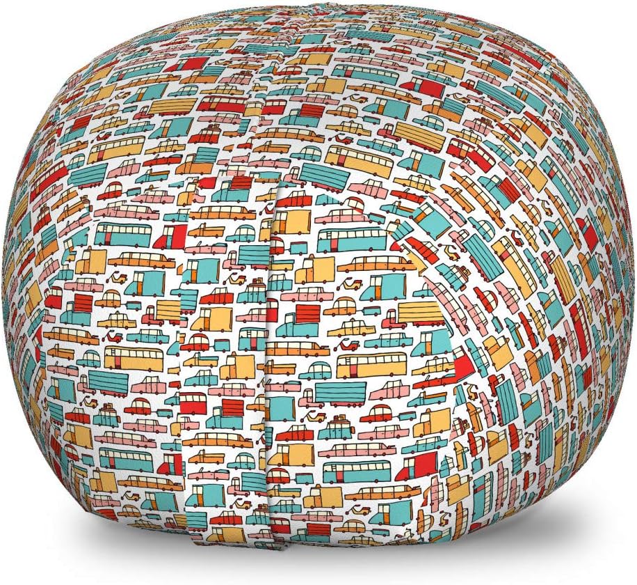 Ambesonne Cars Storage Toy Bag Chair, Drawing of Many Vehicles Motorbikes Caravans Trucks Taxis Buses Print, Stuffed Animal Organizer Washable Bag, Small Size, Aqua Red Orange