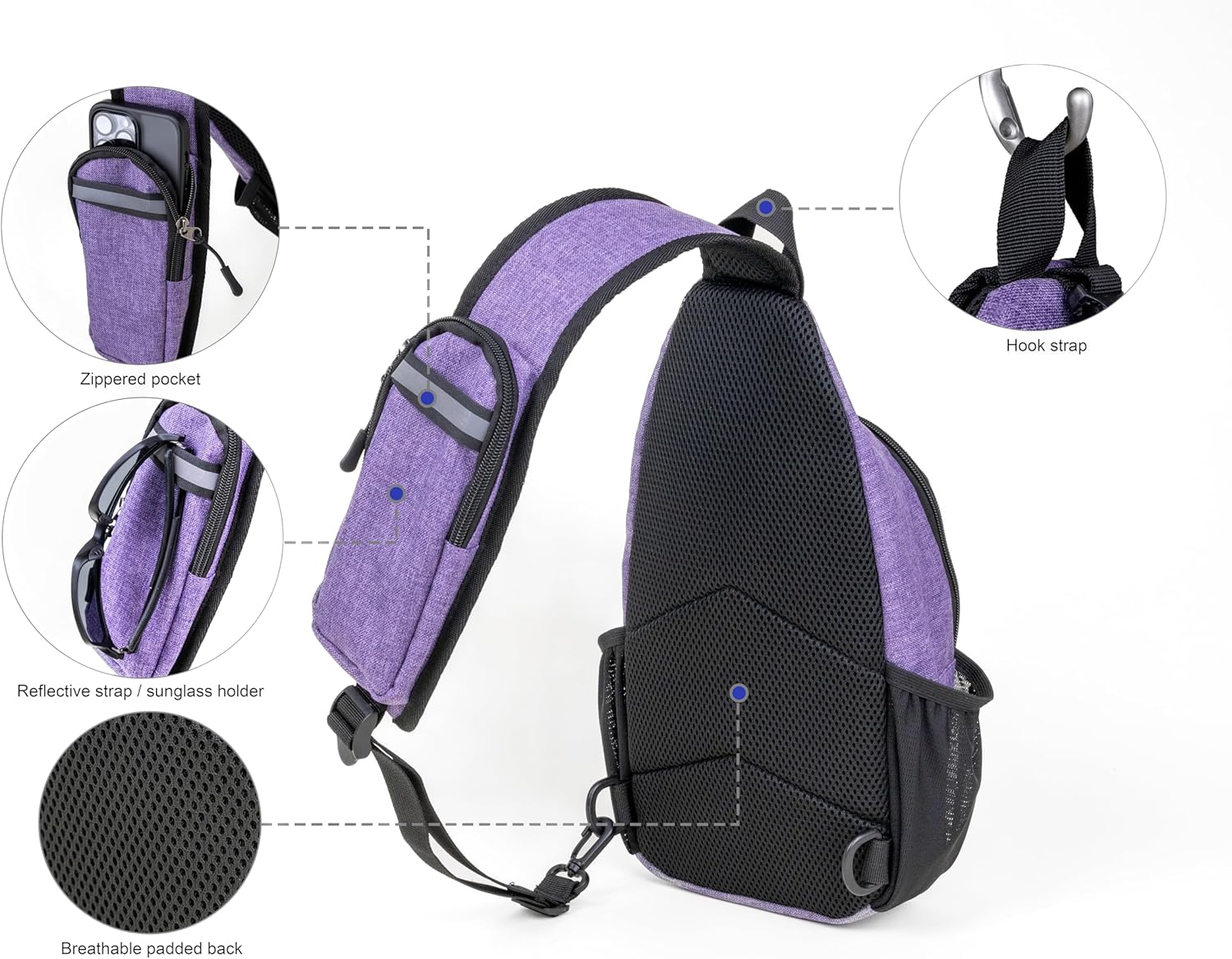 Crossbody Sling Bag – Anti-Theft Carryall Daypack Backpack with Adjustable Chest Strap for Travel or Hiking (Purple)