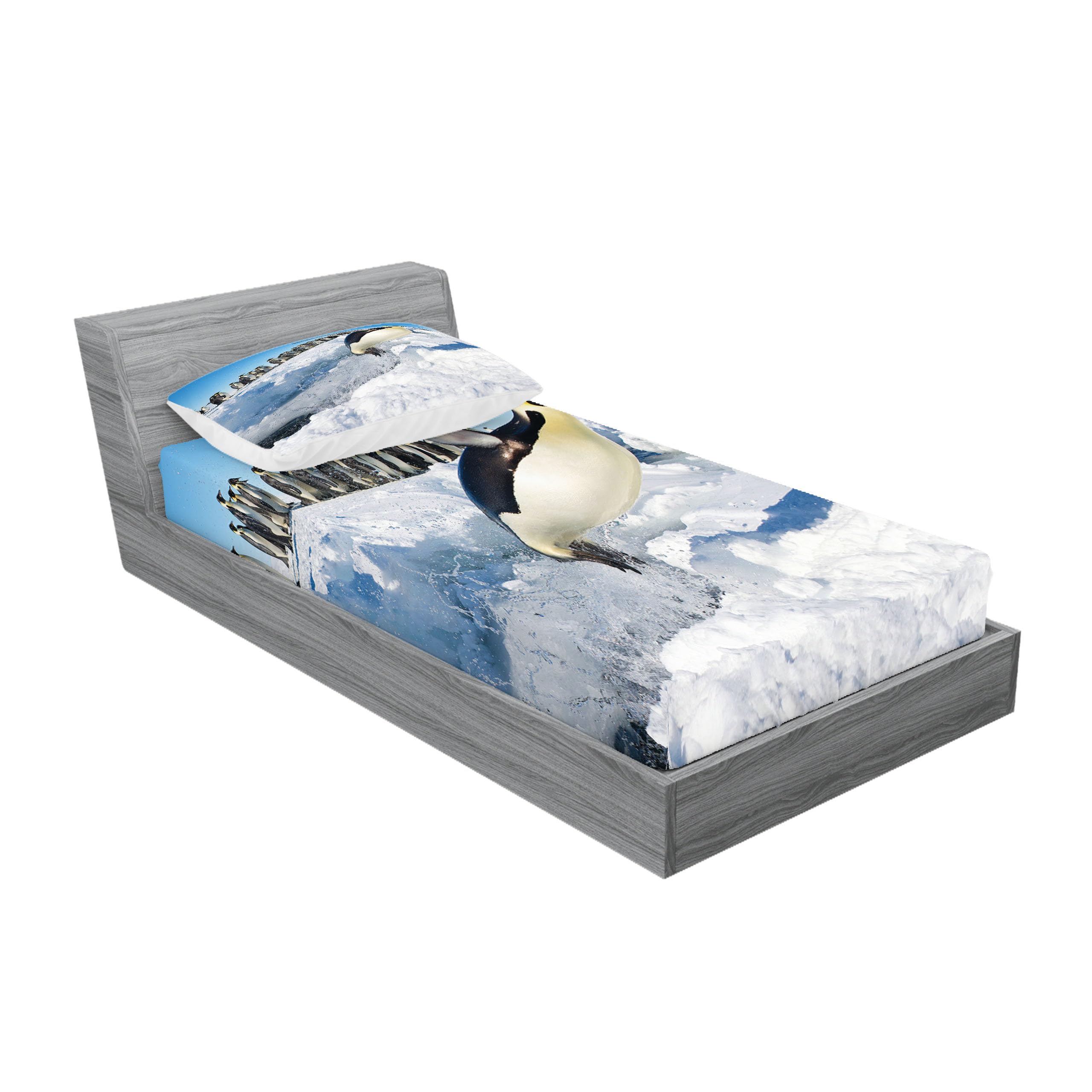 Ambesonne Penguin Fitted Sheet & Pillow Sham Set, Penguins Pole Wildlife Swimming Flying Dancing Family Group Icebergs Antarctica, Decorative Printed 2 Piece Bedding Decor Set, Twin, Blue White