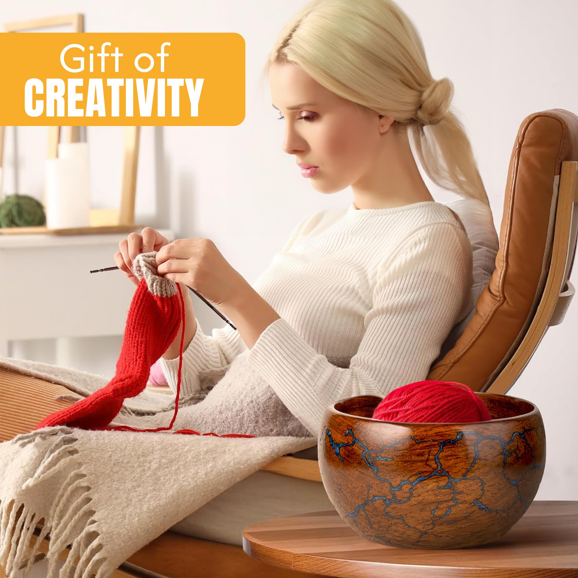 Bhartiya Handicrafts Wooden Yarn Storage Bowl, Large 7x7x4 Inches Knitting Yarn Holder for Crocheting, Crochet Bowl with Fractal Wood Burning & Blue Resin Artwork (Blue)