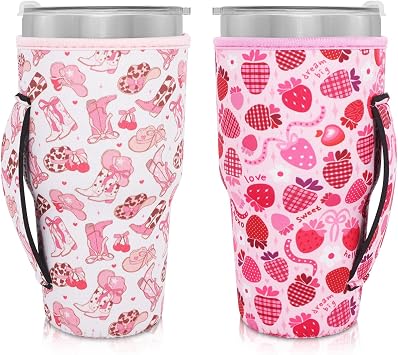 2Pack Cup Holder with Handle, 30oz - 32oz Tumbler Cup, Cowgirl & Strawberry