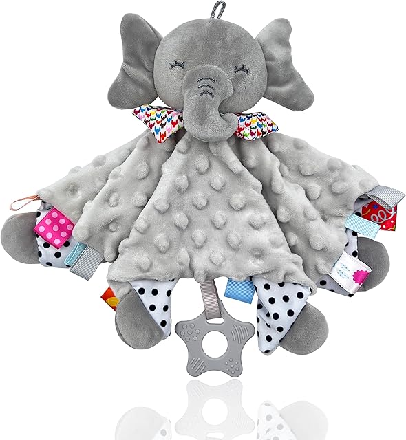 UNMOT Baby Comforters Blanket Baby Comforters Newborn Soft Touch Tag Blankets Elephant Soft Comforter Baby sleeping toy with Taggies Teether soft elephant security blanket (Grey)