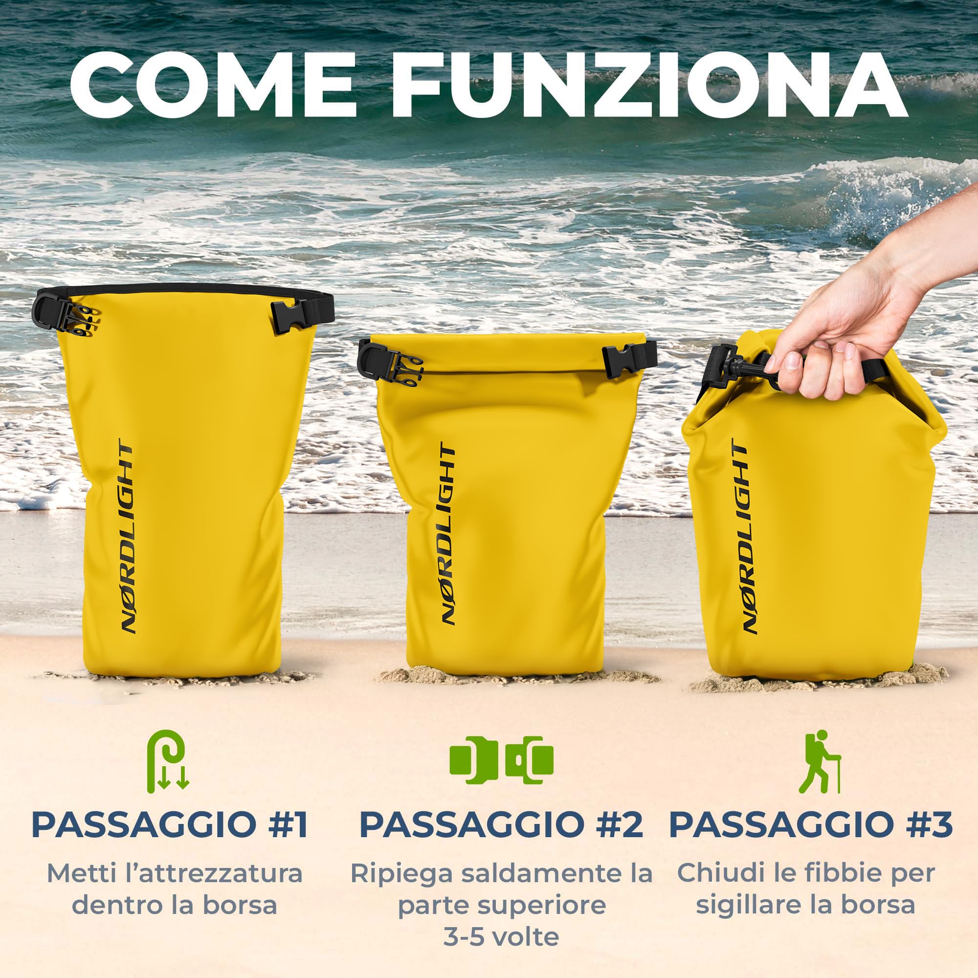 Nordlight Dry Bag Sacca Impermeabile - Zaino Impermeabile da 2l, 5l, 10l, 15, 20l, 30l, Sacca Stagna Borsa Impermeabile con Chiusura a Rotolo, Custodia Impermeabile per Cellulare e Marsupio