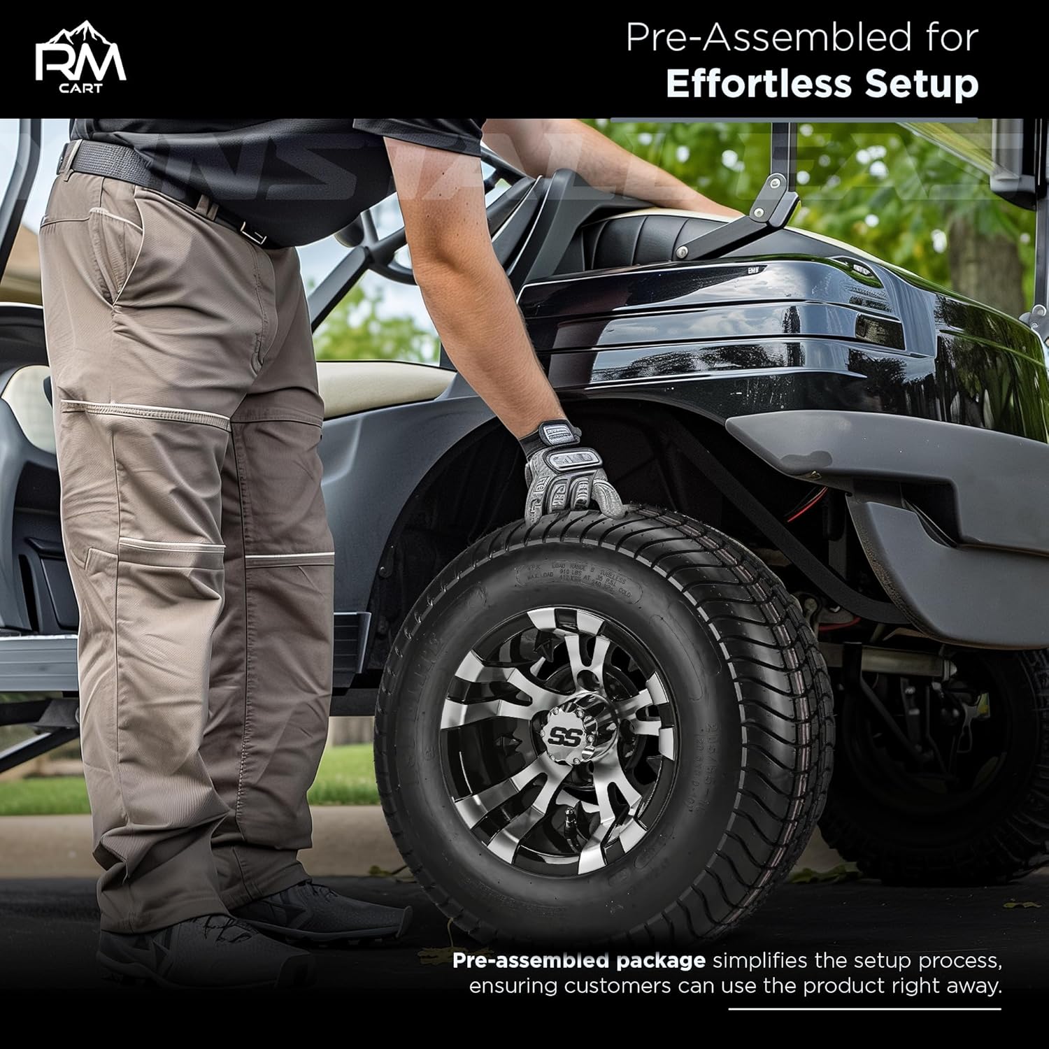 RM Cart 10" Warlock Black/Machined on 205/65-10 LSI Elite Low Rise 4-Ply Tires (Set of 4) | Golf Cart Tires and Wheels Combo with Metric Lug Nuts