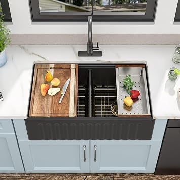 33"x20" Black Farmhouse Sink Workstation Double Bowl 50/50, Reversible Apron Front, Matte Black High-Gloss Porcelain Ceramic Fireclay Farm Kitchen Sink Basin