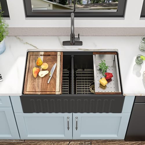 33"x20" Black Farmhouse Sink Workstation – Double Bowl 50/50, Reversible Apron Front, Matte Black High-Gloss Porcelain Ceramic Fireclay Farm Kitchen Sink Basin