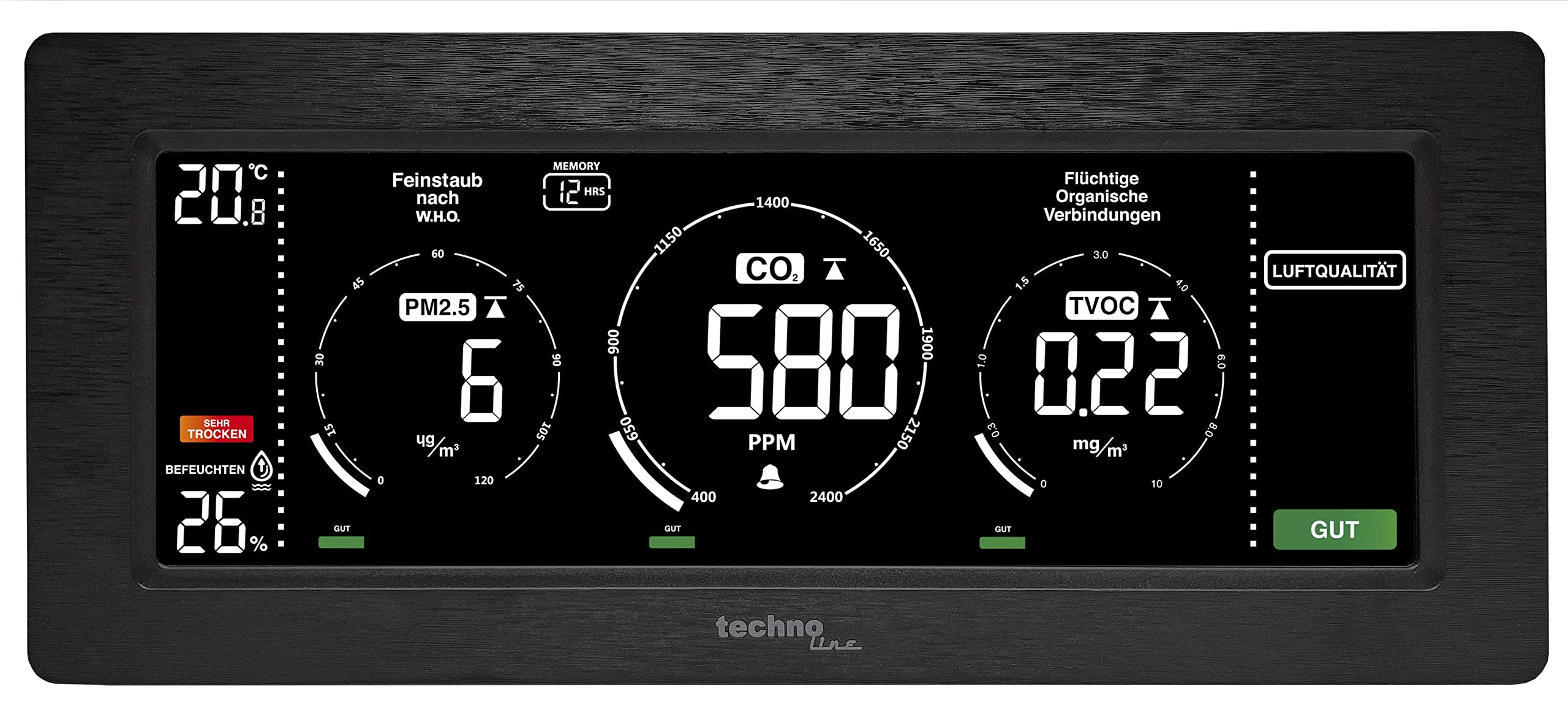Techno Line Moniteur de qualité de l'air, Affichage coloré de la Concentration de CO2 et TVOC, Affichage des poussières Fines, Appareil de Mesure pour la qualité de Votre air intérieur