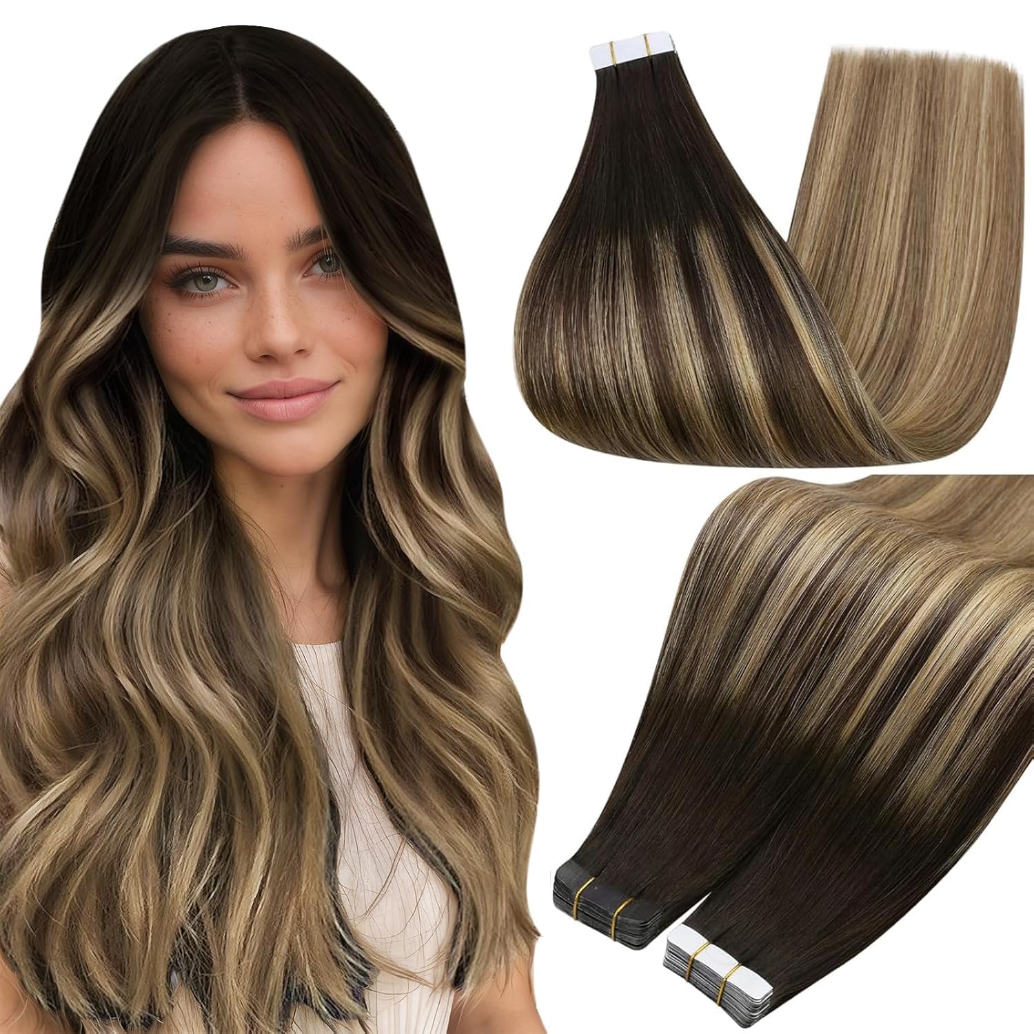 Full Shine Hair Extensions for Women Real Human Hair Color 2 Brown Ombre 8 Ash Brown and 27 Blonde Seamless PU Tape in Extensions 22 Inch Double Sided Tape Remy Tape ins 50g