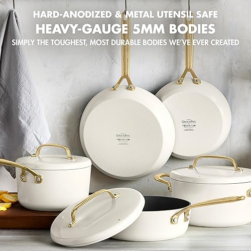 Miniatura 6 de GreenPan GP5 - Juego de ollas y sartenes de 14 piezas, cerámica anodizada dura, antiadherente, sin PFAS, asas de champán, calibre pesado, superficie
