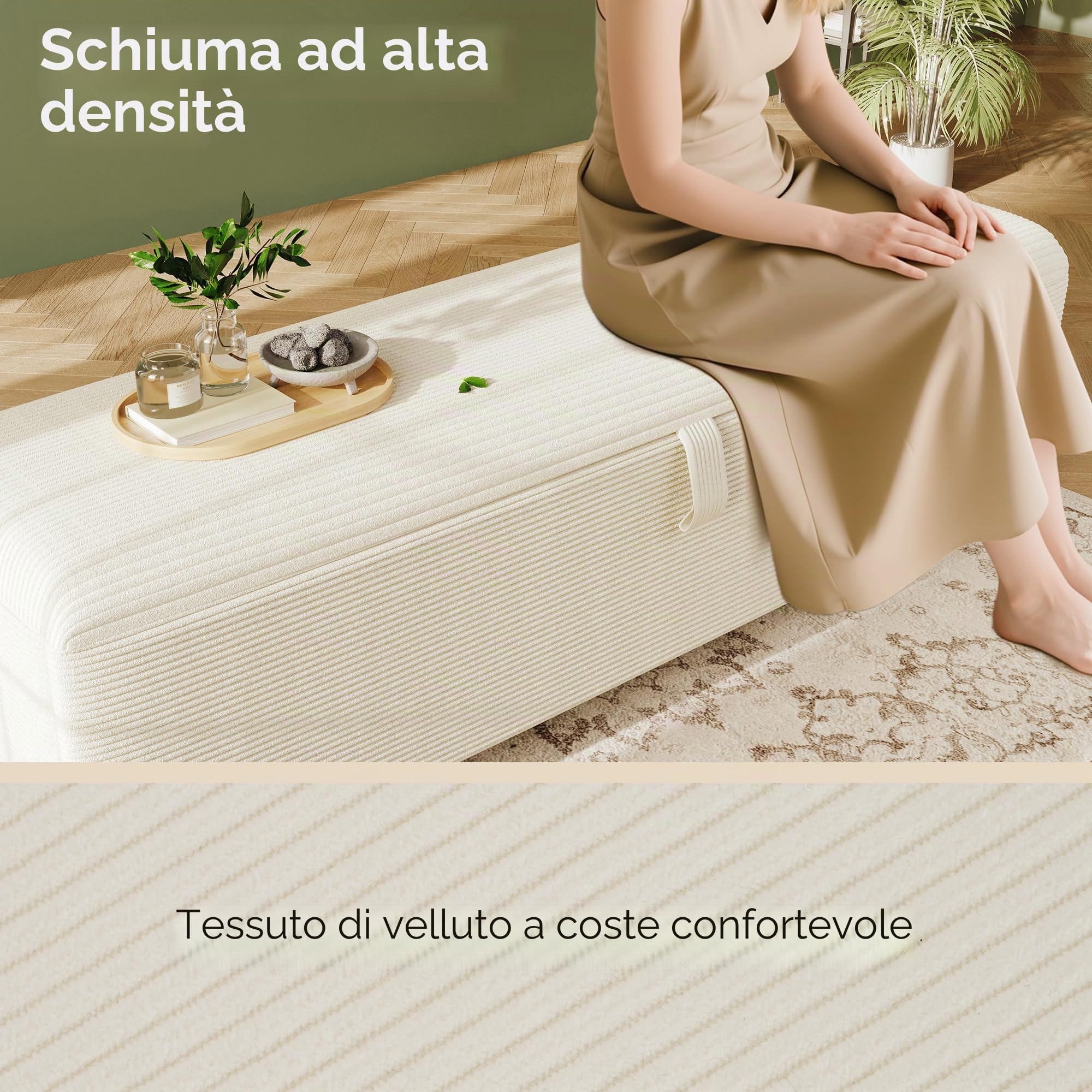 TIZZ Panca da letto 165 x 38 cm con spazio di archiviazione, panca imbottita con vano portaoggetti idraulico, adatta per camera da letto, soggiorno, corridoio, effetto cord beige