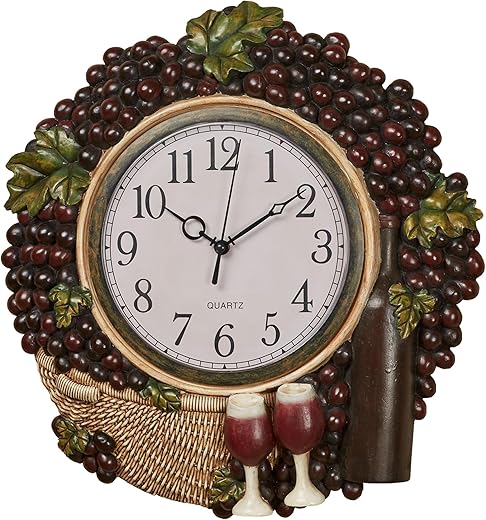Touch of Class Wine Picnic Vineyard Grapes Wall Clock - Resin - Purple, Burgundy, Green, Tan - Vintage Decor for Kitchen, Dining Room, Bar, Restaurant, Wine Cellar - Quartz Movement