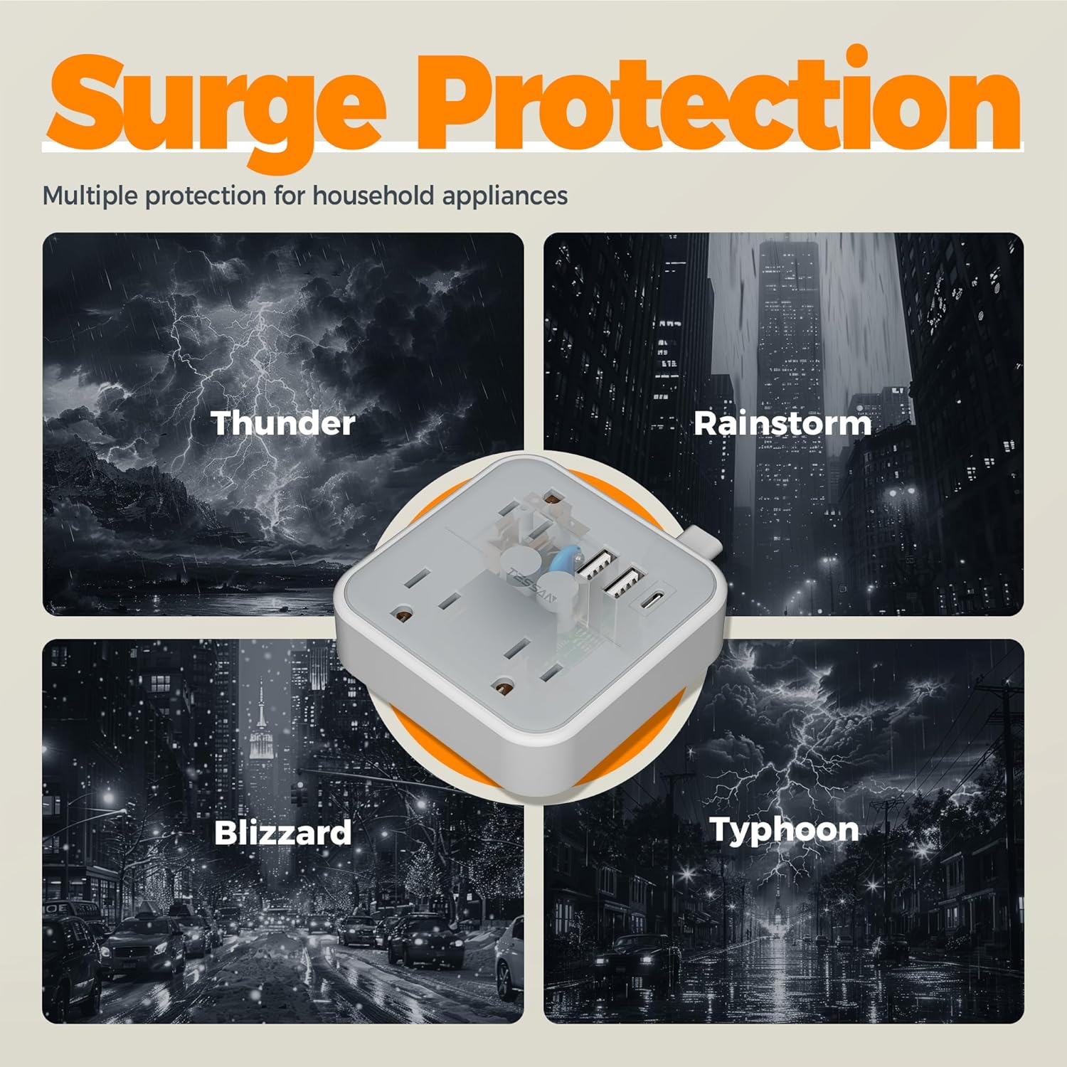 Surge protection feature of TESSAN power strip against various weather conditions