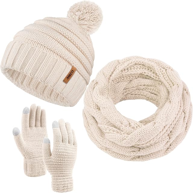 Aneco Winter Warm Knitted Scarf Beanie Hat and Gloves Set Men & Women's Soft Stretch Hat Scarf and Mitten Set