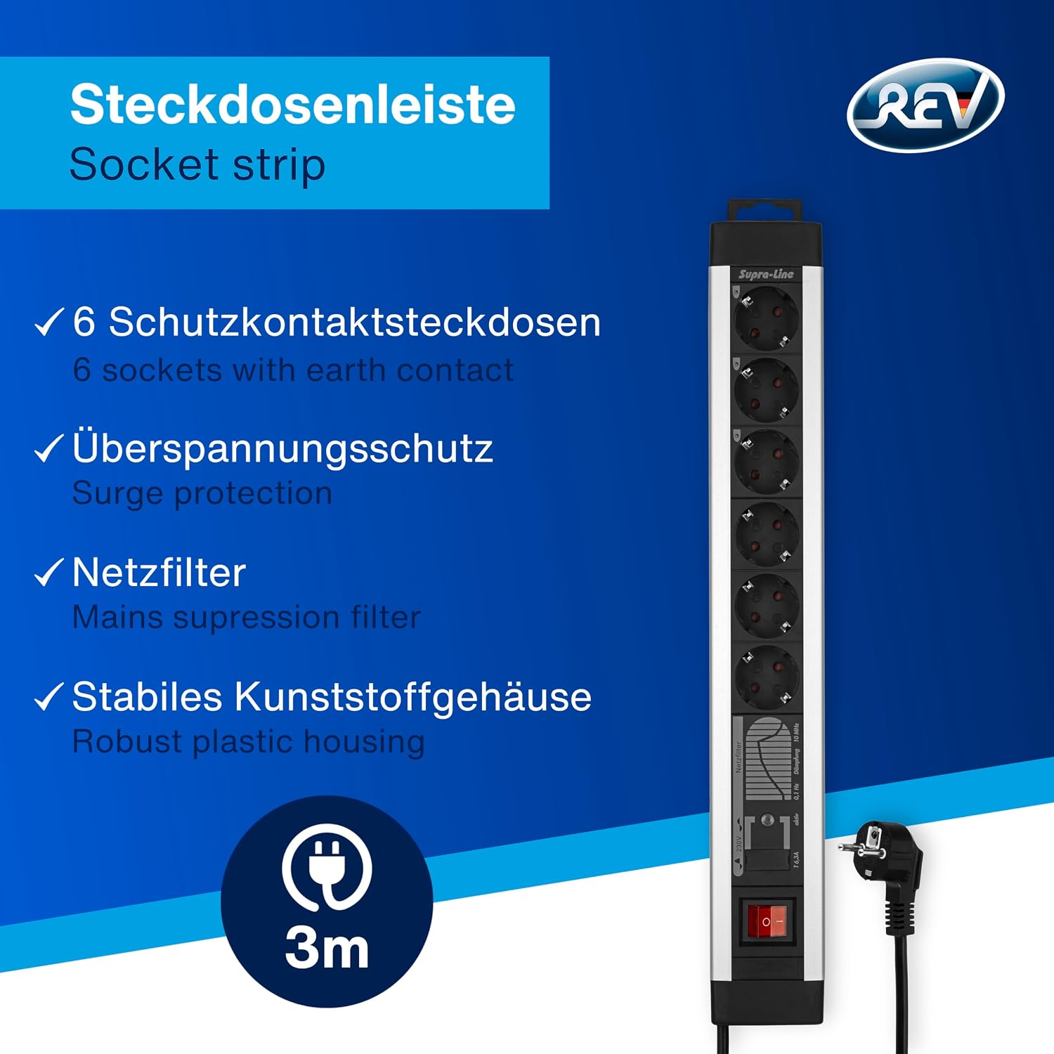 Overview of the REV SupraLine 6-socket power strip