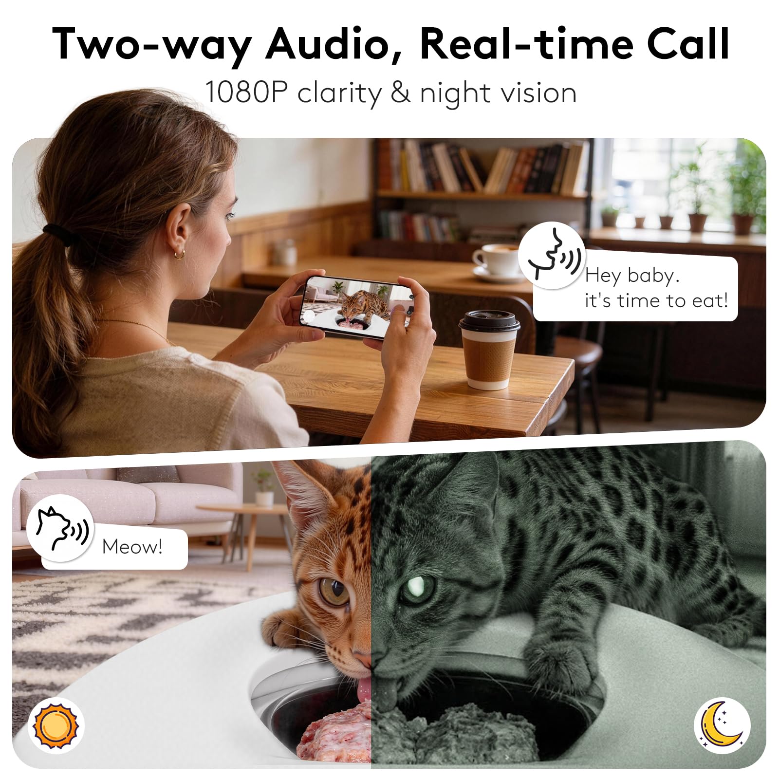 SOLOWINNER Automatyczny karmnik dla kotów, mokra karma na 5 posiłków, półprzewodnikowe chłodzenie i podgrzewanie, dozownik karmy dla zwierząt domowych z kamerą noktowizyjną, sterowany aplikacją