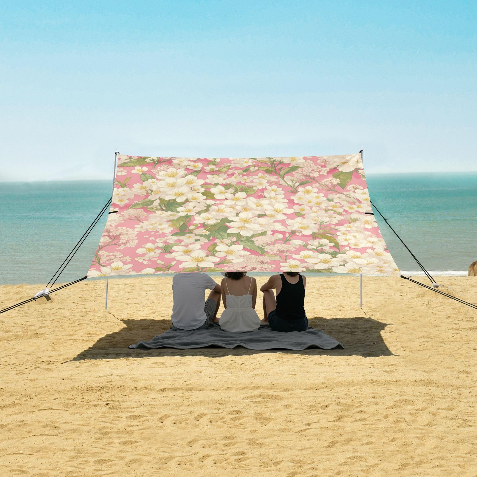 Tenda da spiaggia bianca floreale rosa e baldacchino UPF50 leggera e portatile con pala per sabbia, sacchi di sabbia per cortile, prato, parco
