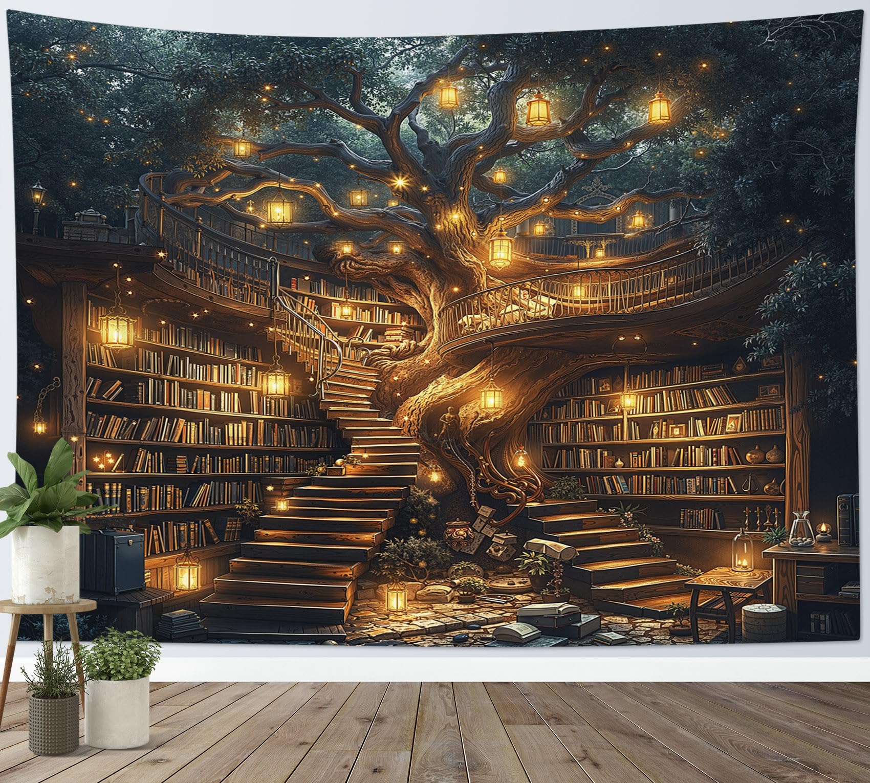 LB Enchanted Bookshelf Tapestry Big Tree in Vintage Library Tapestry Wall Hanging Witchy Magical Books Tapestries for Living Room Bedroom Dorm Wall Decor,59x51 inch โ image 1
