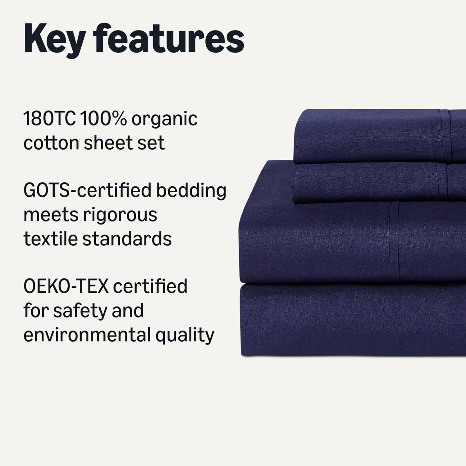 Amazon Basics Soft Organic Cotton Sheet Set with 2 Pillowcases, GOTS-Certified, Full, Navy Blue