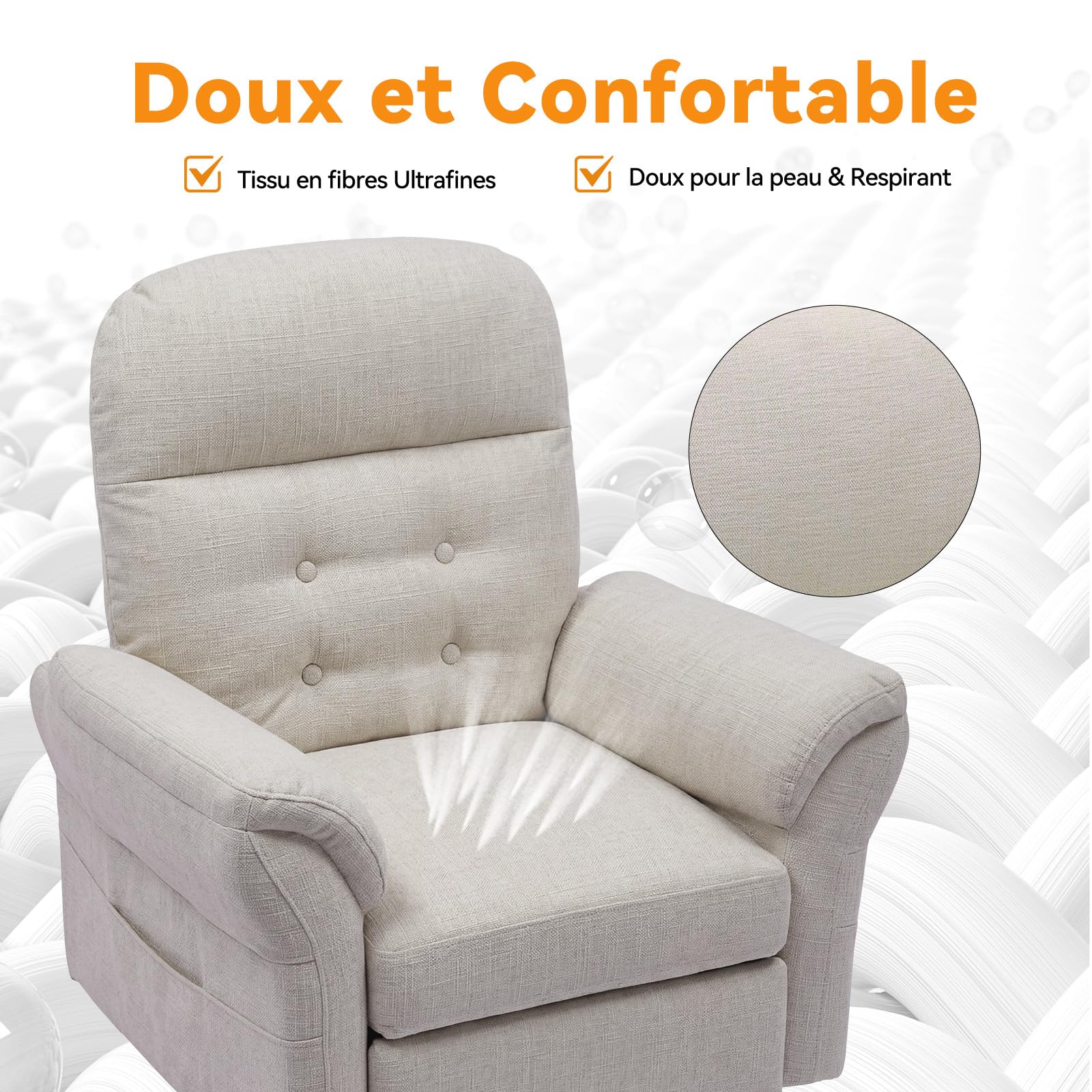 COMHOMA Fauteuil de Relaxation, Fauteuil Inclinable avec Tabouret, Dossier 4 Niveaux Réglable, Poche latérale, Fauteuils Rembourré Sac à Ressorts Simple Salon Chambre Cinéma, Chenille, Beige