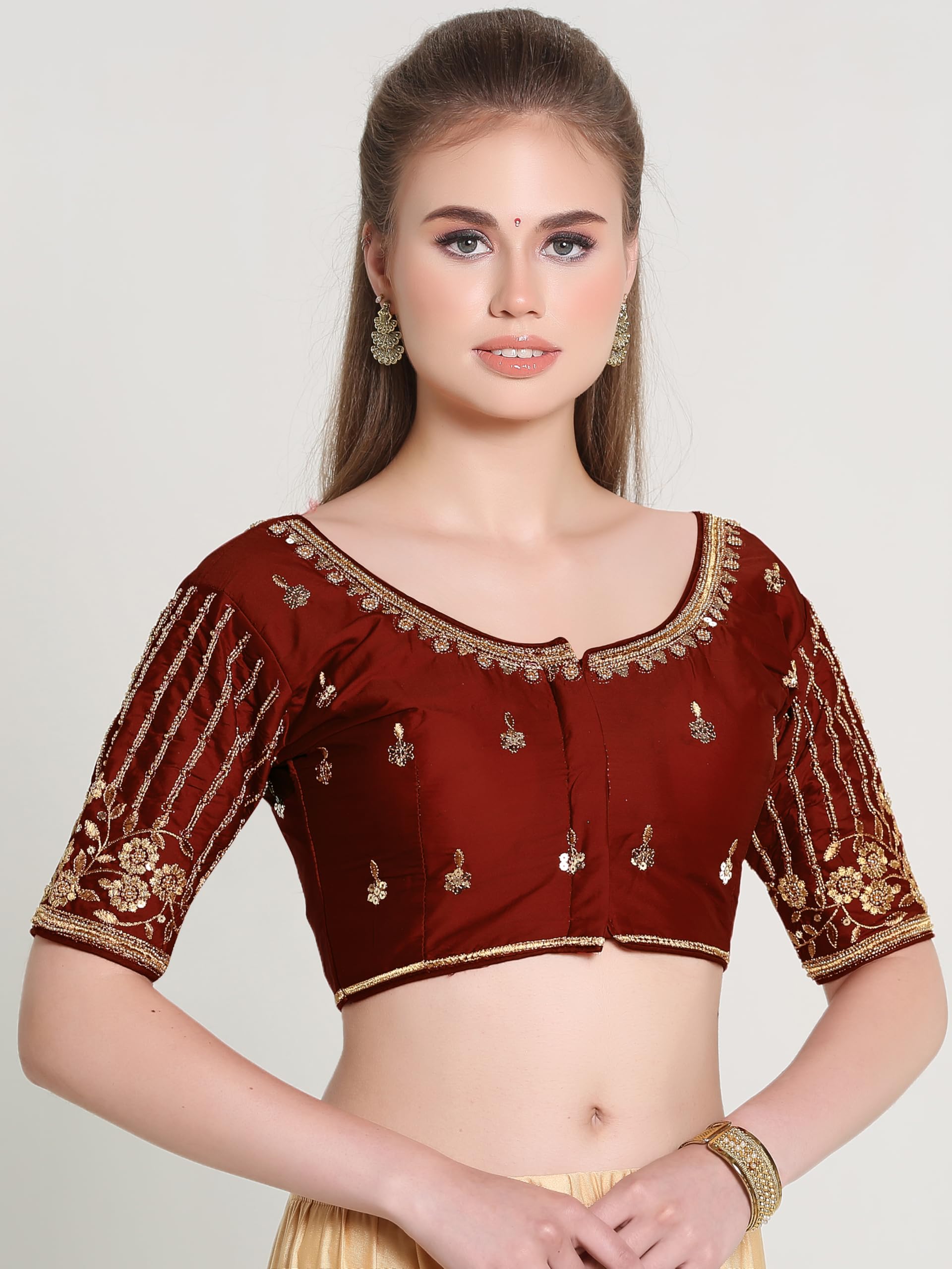 Pujia Mills Women's Readymade Bridal Embroidery Blouse Multi Coding Maggam Work Moti Work Indian Ethnic Designer Stitched Readymade Saree Half Sleeve Maroon Blouse For Women For Saree Lehenga Choli