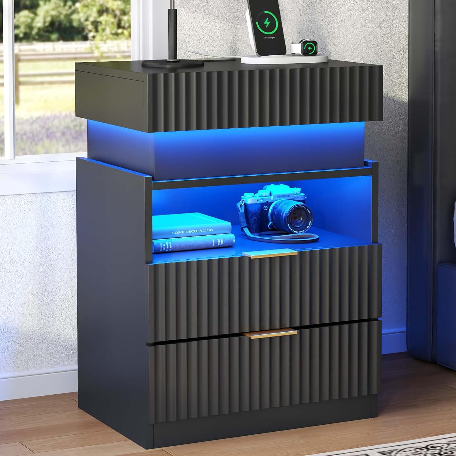 Nightstand with Charging Station and LED Lights, Night Stand with 2 Drawers