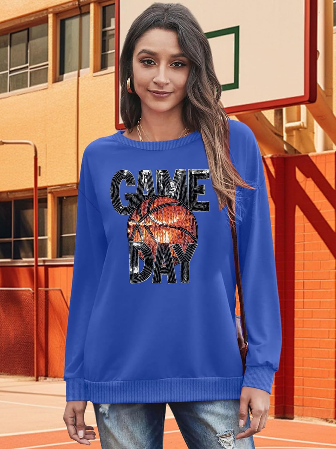 VVNTY Basketball Game Day Sweatshirts for Women: Sequin Game Day Letter Shirts Basketball Mama Pullover Tops - Image 4