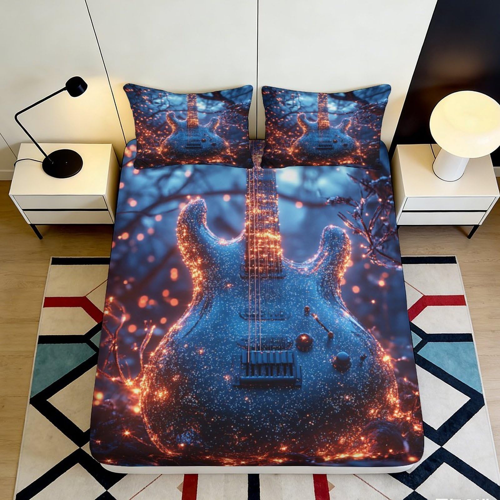 Uxinyoume Style-6 3D Printed Electric Guitar Fitted Sheet Microfiber Blue Artistic Bed Cover For Bedroom Dorm Mattress Protection Decor 90X200x25cm