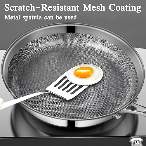 Miniatura 4 de GiPP Sartén de acero inoxidable de tres capas, sartenes híbridas de 12 pulgadas, antiadherentes, aptas para lavavajillas y horno, listas para