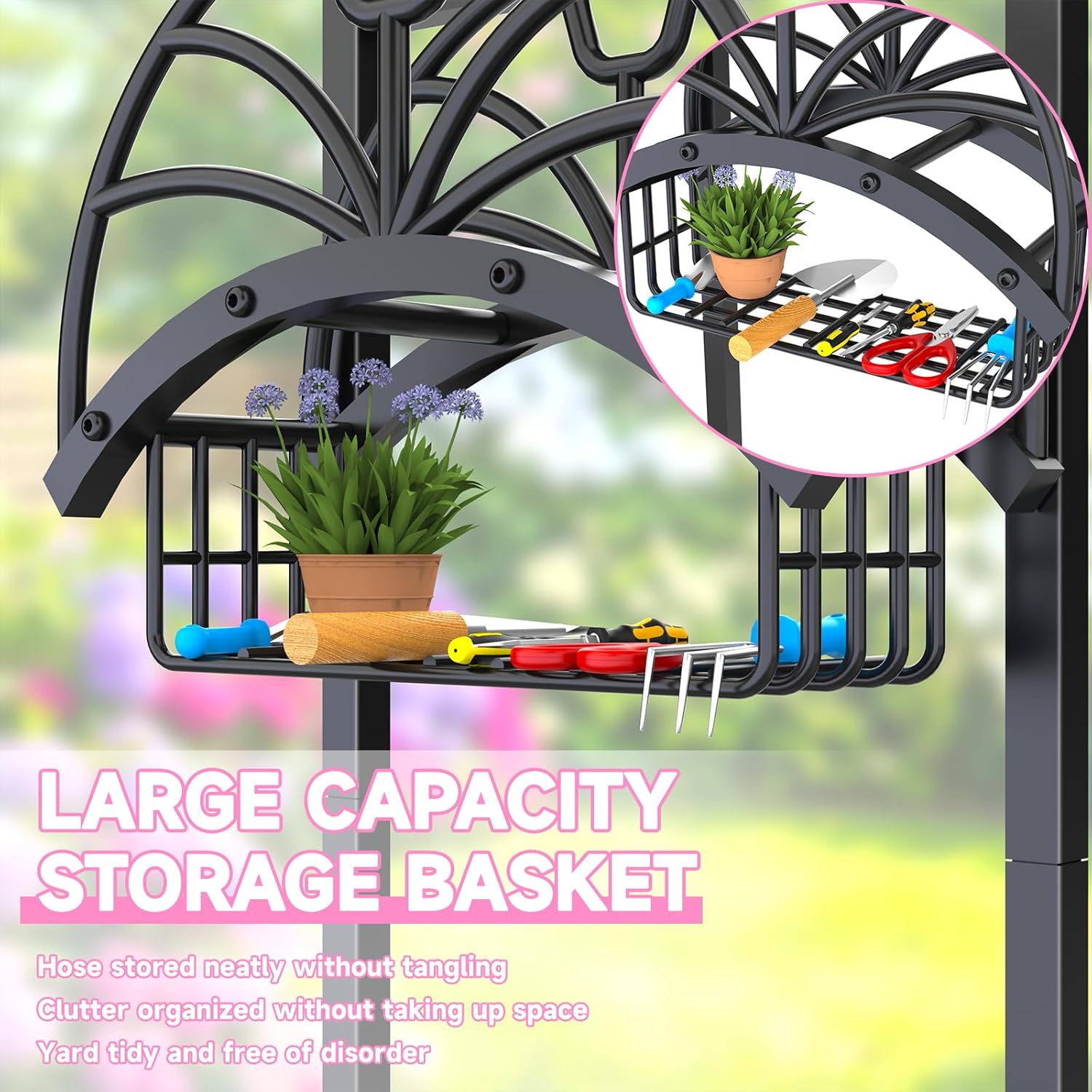 New Upgraded Garden Hose Holder with Storage Basket & Hose Storage Hanger Rack, Heavy-Duty Water Hose Holder Holds 160FT,Garden Hose Hanger Storage Rack for Outside Yard Lawn Farm