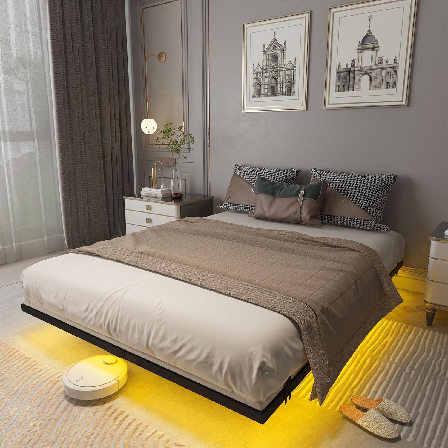 Floating Bed Frame King Size with LED Light, Metal Platform Bed Frame, No Box Spring Needed, Easy Assembly