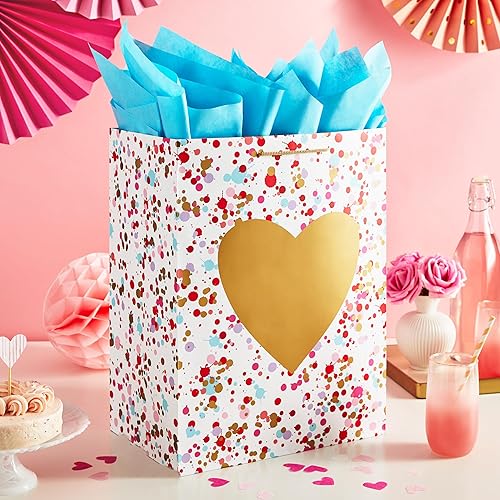 Miniatura 2 de Hallmark Bolsa de regalo extra grande de 17 pulgadas con papel de seda azul (corazón dorado, salpicaduras de pintura) para aniversario, despedidas