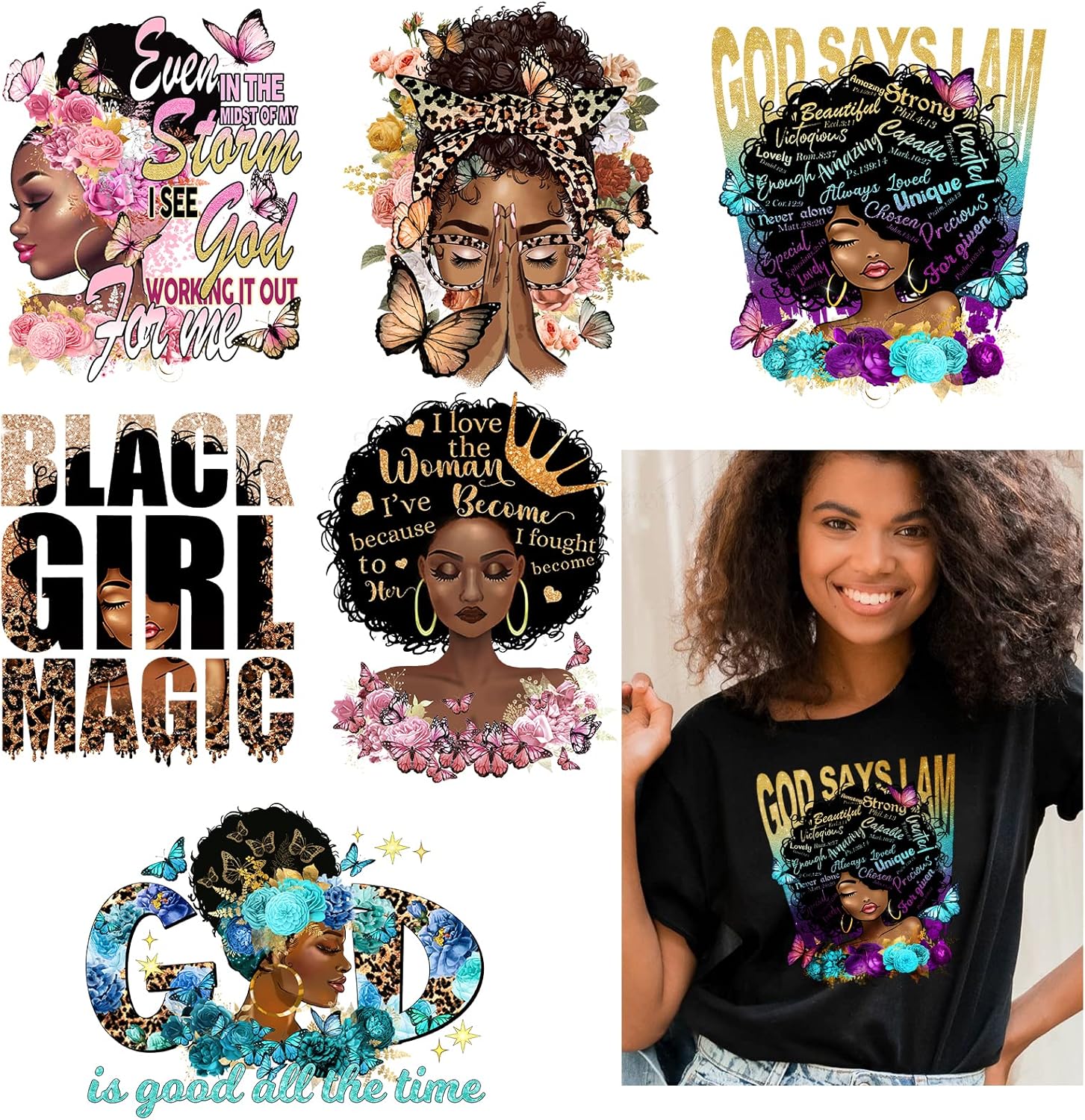 Loozykit 6Pcs Black Girl Iron on Decals for T Shirts, Rose Flower Butterfly Washable Heat Transfer Iron on Stickers Iron on Patches for DIY Clothing Bag Hat Pillow Craft Decorations