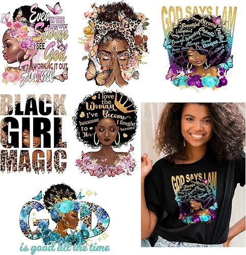 DoreenBow 6 hojas de parches para planchar de niña negra, calcomanías de transferencia de calor para mujeres negras, calcomanías para planchar para